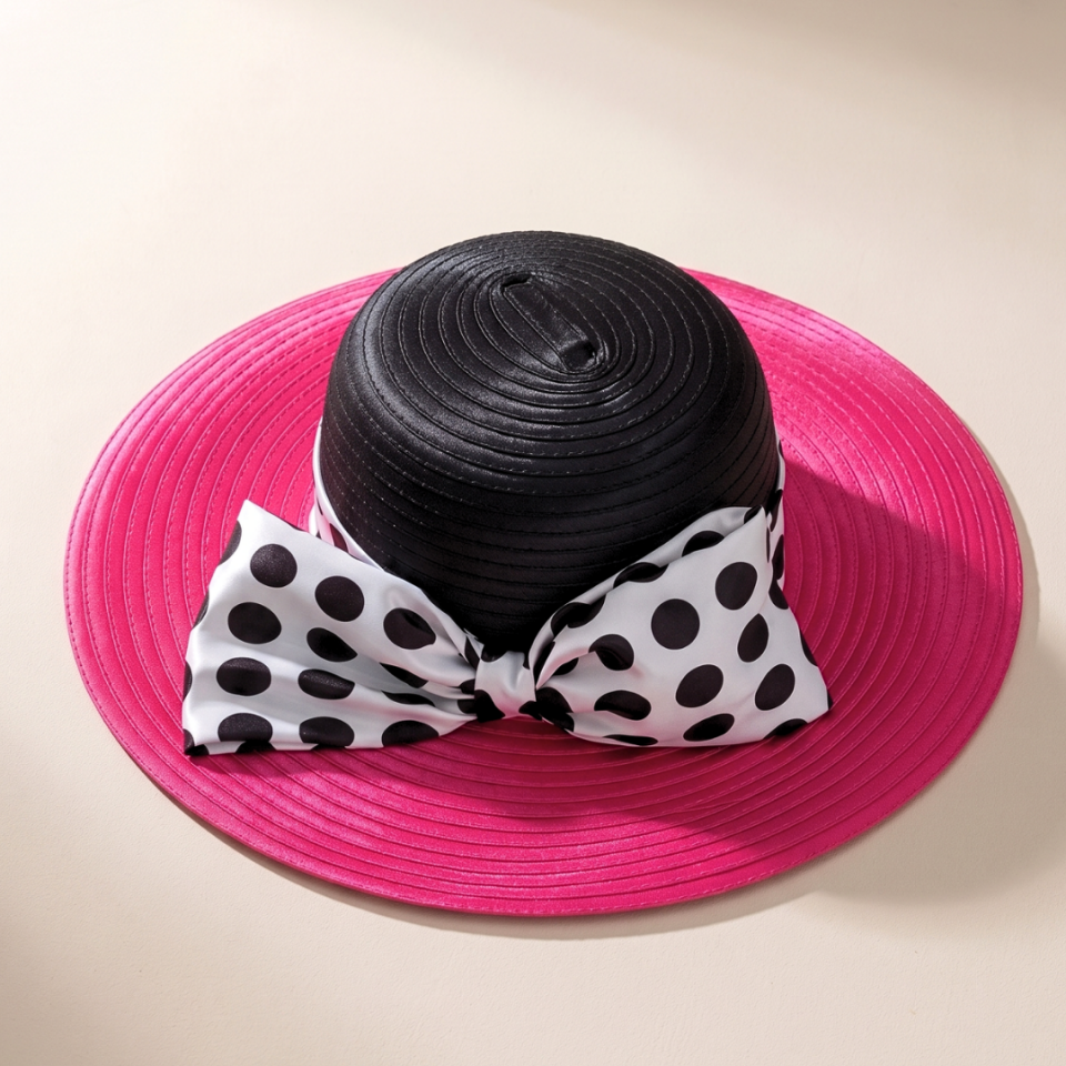 Blanche Puantiyeli Siyah Fuşya Pembe Renk Elegan Şapka 40 cm