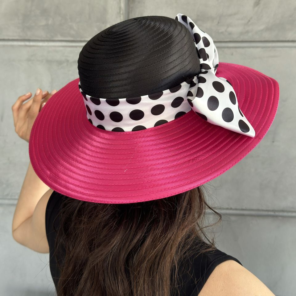 Blanche Siyah Fuşya Pembe Renk Elegan  Şapka  40 cm - Özel Kutulu