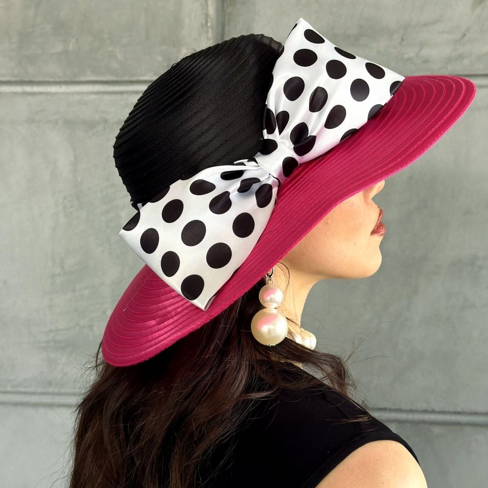 Blanche Puantiyeli Siyah Fuşya Pembe Renk Elegan  Şapka  40 cm - Özel Kutulu