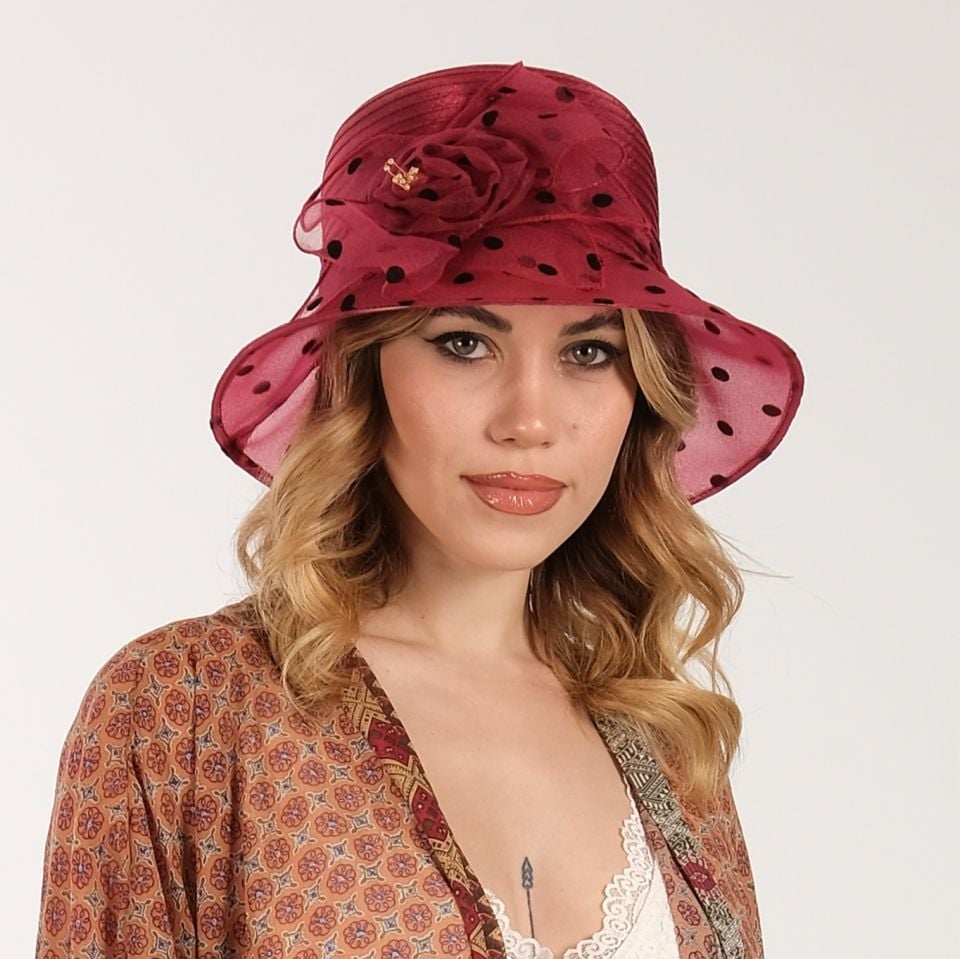 Louise Bordo Renk Puantiyeli Şapka 32 cm