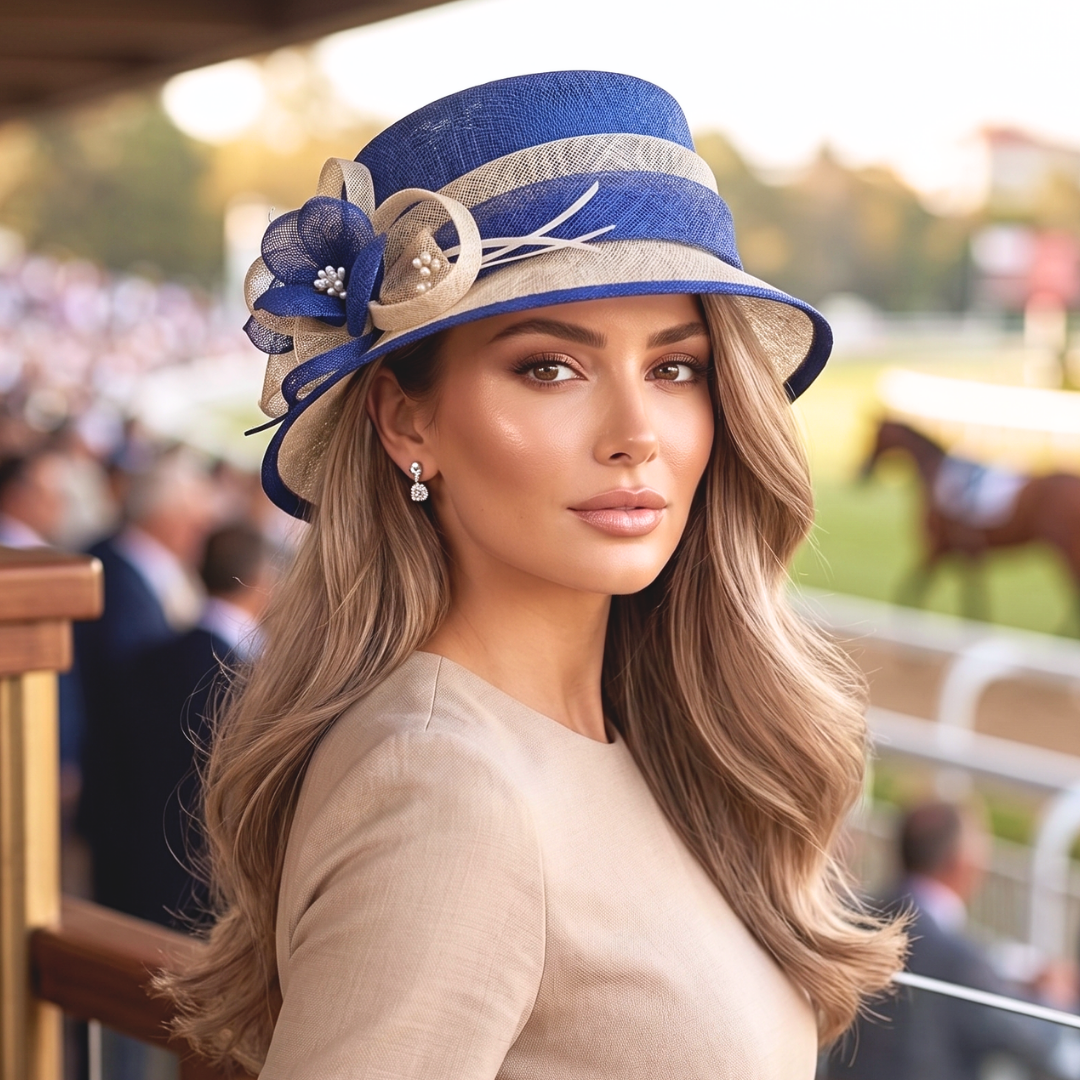 Raina Saks Mavi Beyaz Renk Elegan Şapka 30 cm