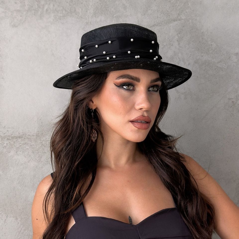 Belle Siyah Renk Elegan  Şapka 32 cm Özel Kutulu