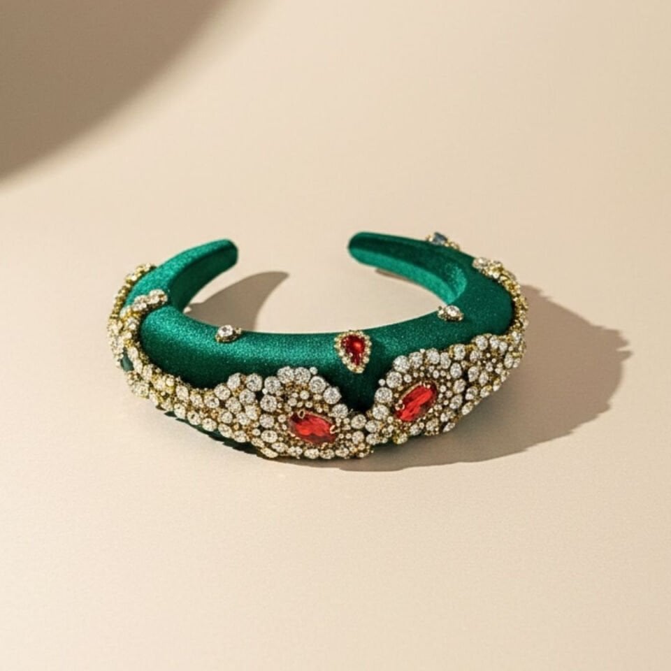 Mila Zümrüt Yeşili Taşlı Kadife Taç