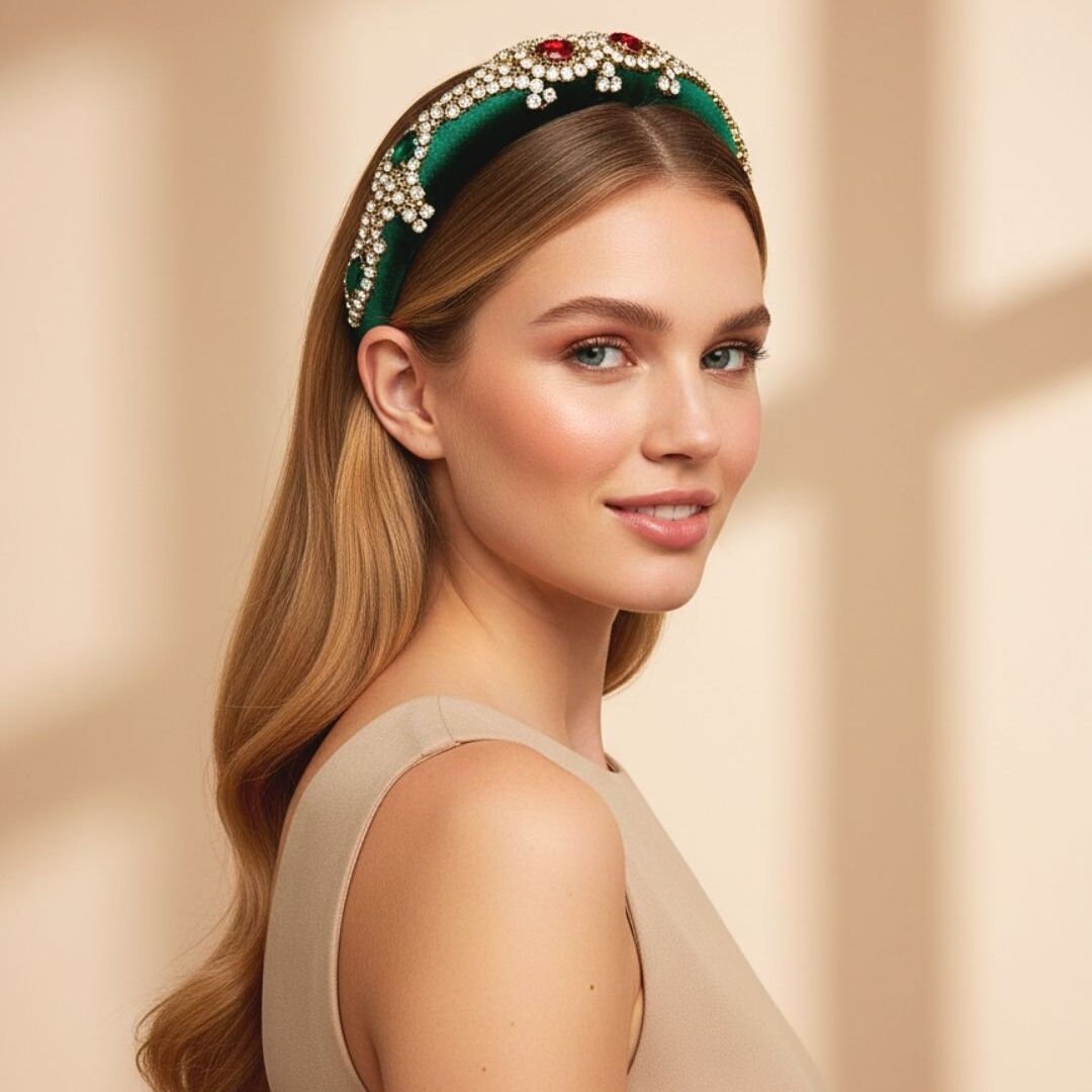 Mila Zümrüt Yeşili Taşlı Kadife Taç