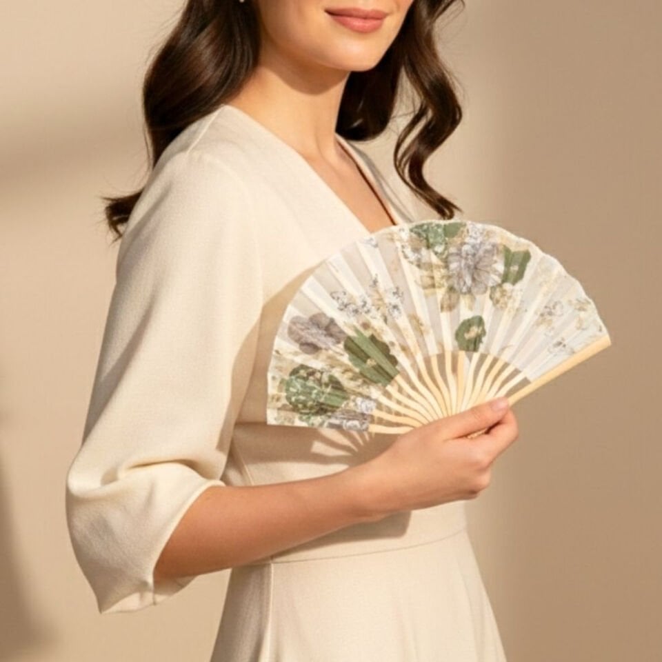 Ekru Yeşil Çiçekli Yelpaze Özel Kutulu