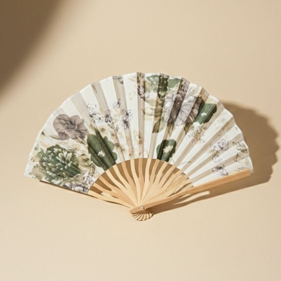 Ekru Yeşil Çiçekli Yelpaze Özel Kutulu