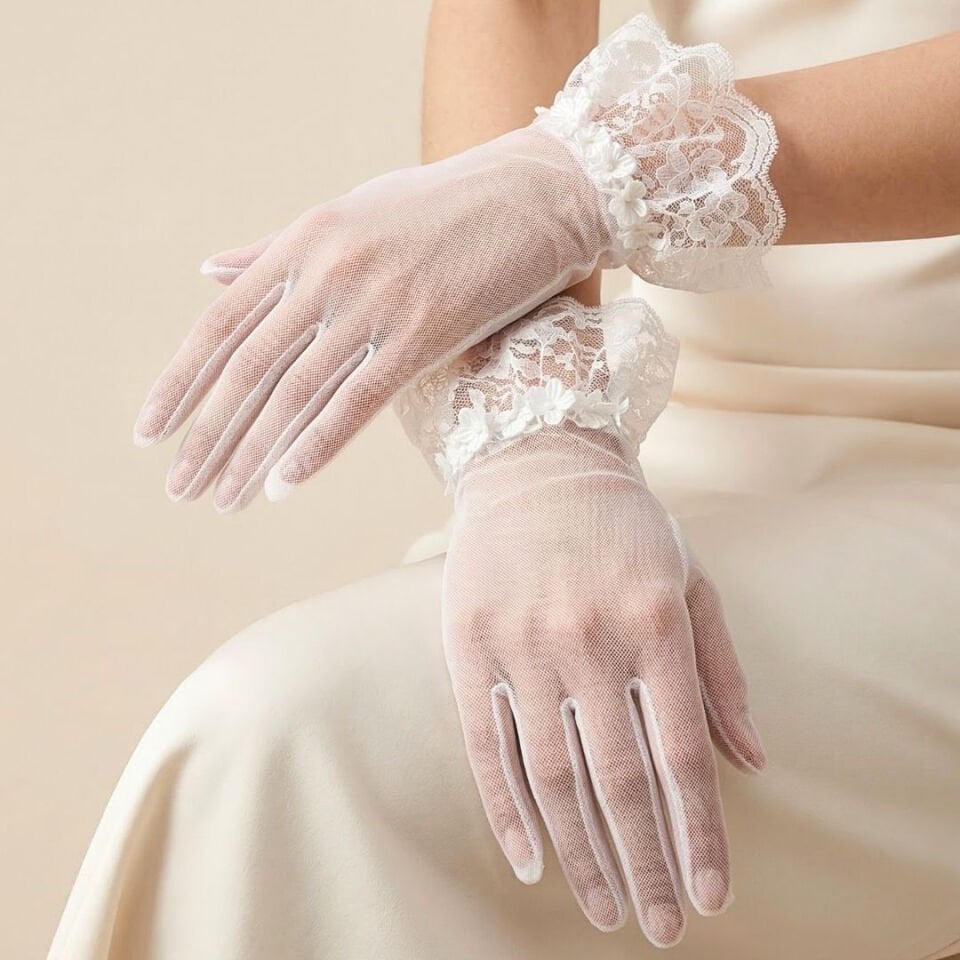 Leydi İnci Beyaz Organze Çiçekli Eldiven