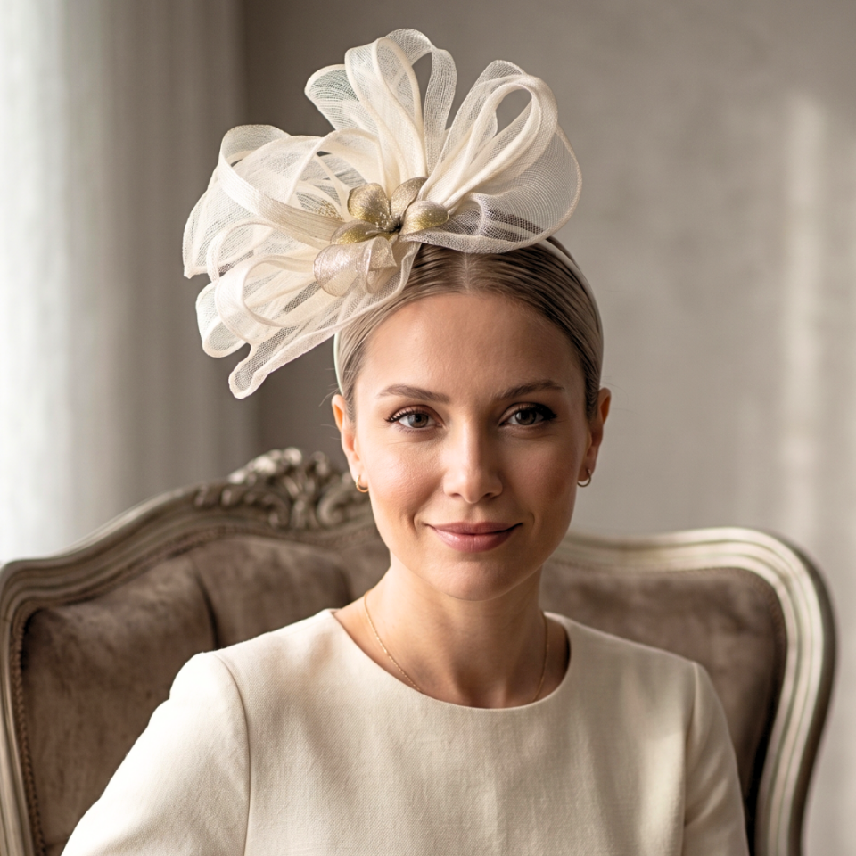 Hanna Ekru Telkari Çiçekli Vualet Özel Şapka Kutulu