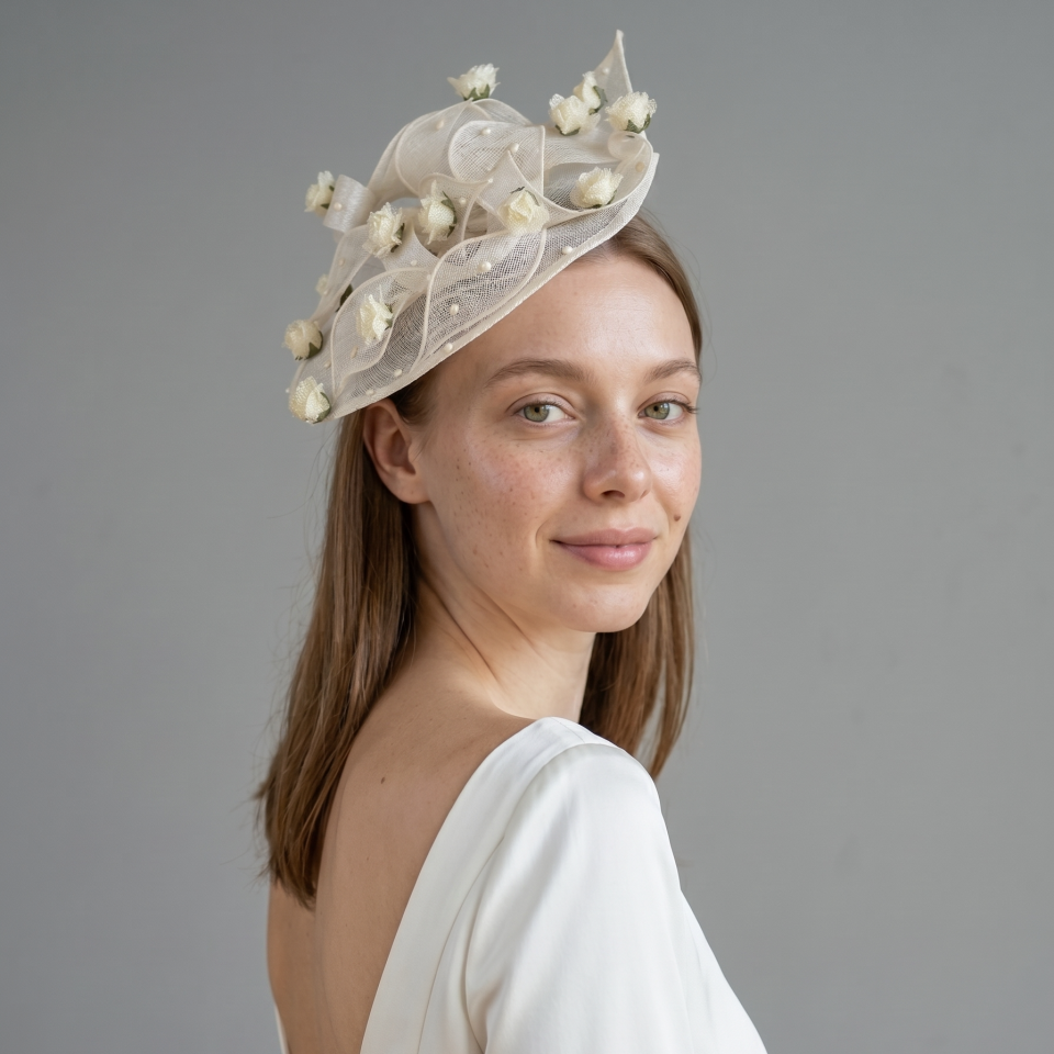 Hanna Ekru Çiçek Motifli Vualet Özel Şapka Kutulu