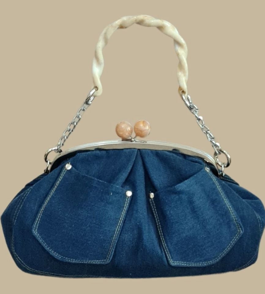 Denim Model Koyu Mavi Renk Kot Pileli Cepli Tasarım  Çanta
