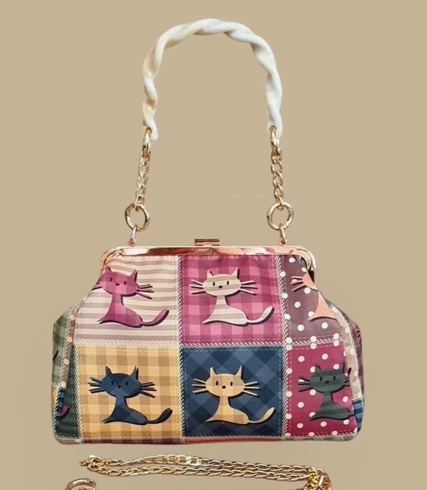 Sardunya Model Renkli Kedi Desenli Çanta