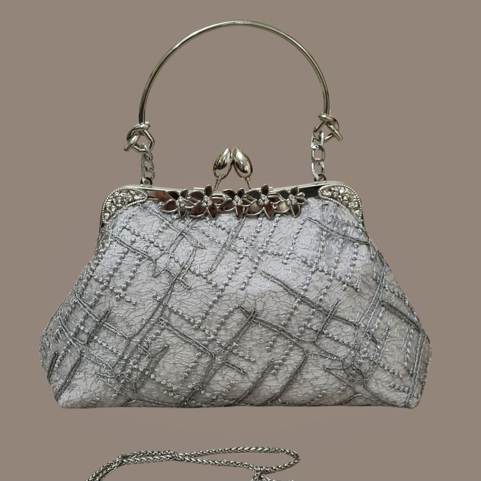 Çiçek Model Gri Dantel Tasarım Çanta