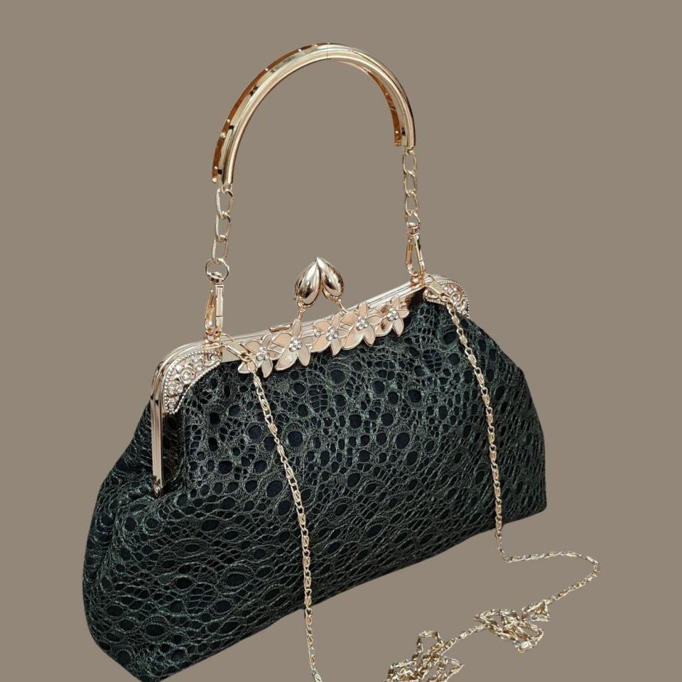 Çiçek Model Nefti Yeşil Dantel Tasarım Çanta