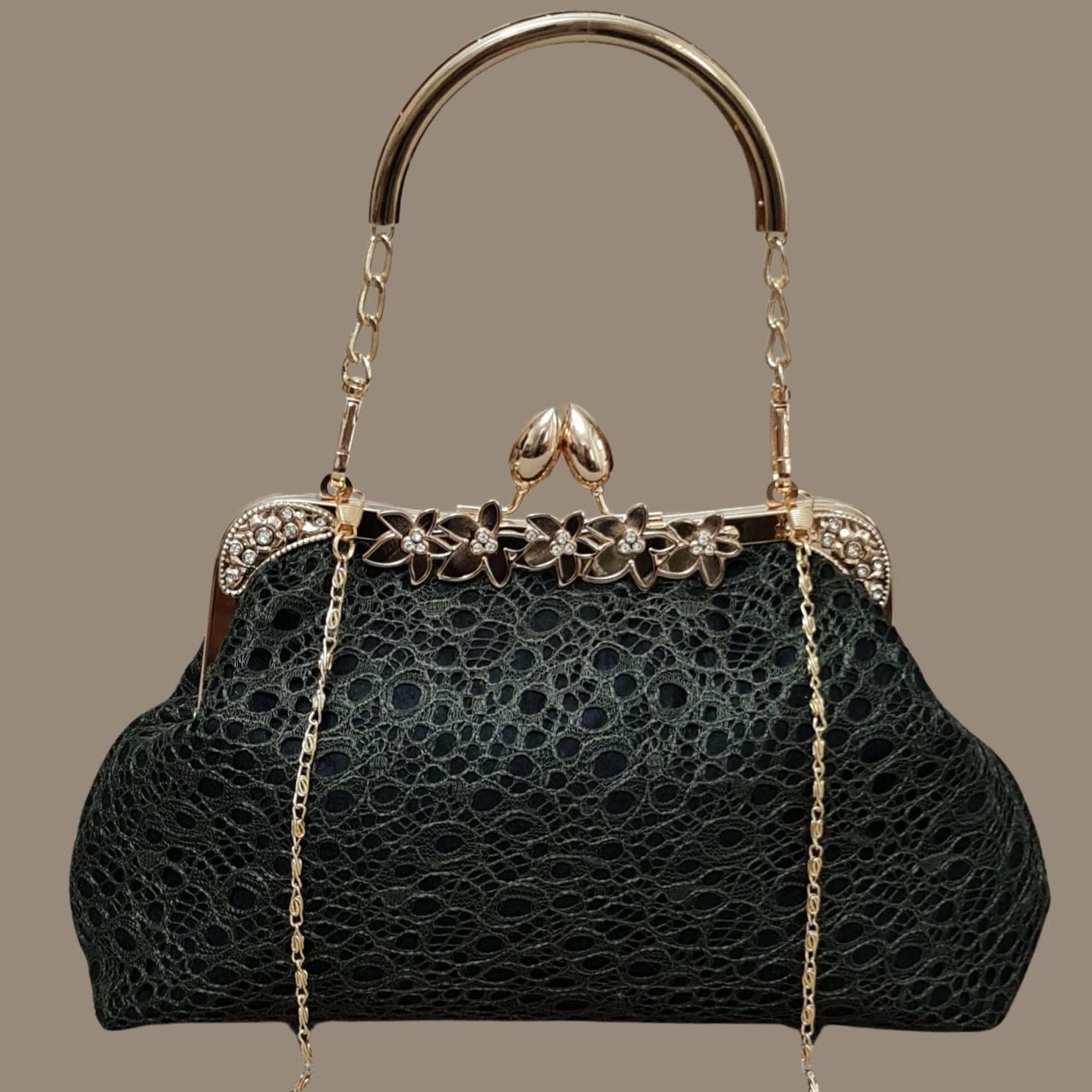 Çiçek Model Nefti Yeşil Dantel Tasarım Çanta