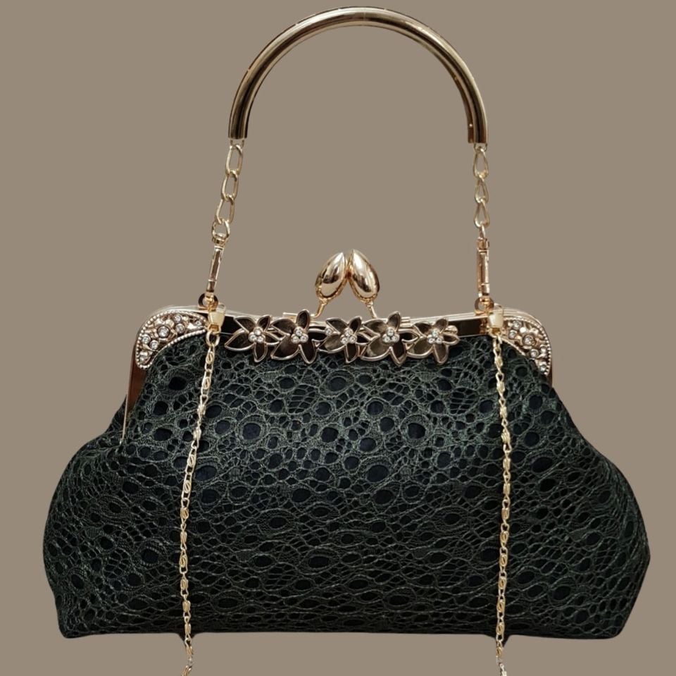 Çiçek Model Nefti Yeşil Dantel Tasarım Çanta