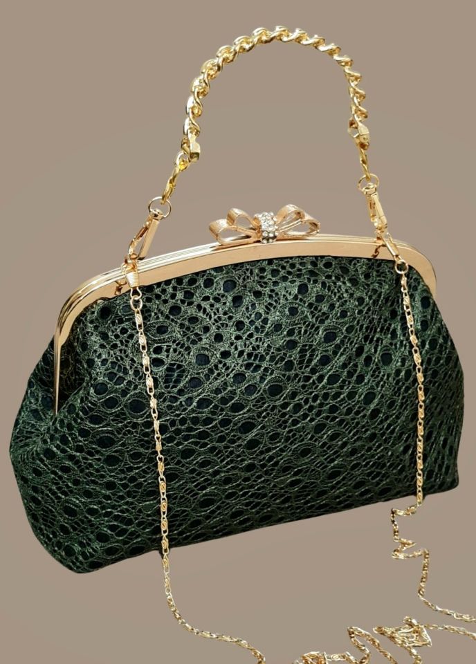 Fiyonk Model Nefti Yeşil Dantel Tasarım Çanta