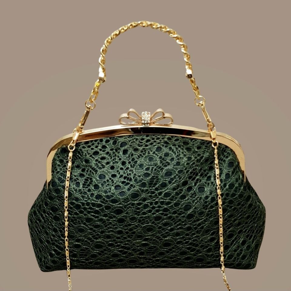 Fiyonk Model Nefti Yeşil Dantel Tasarım Çanta