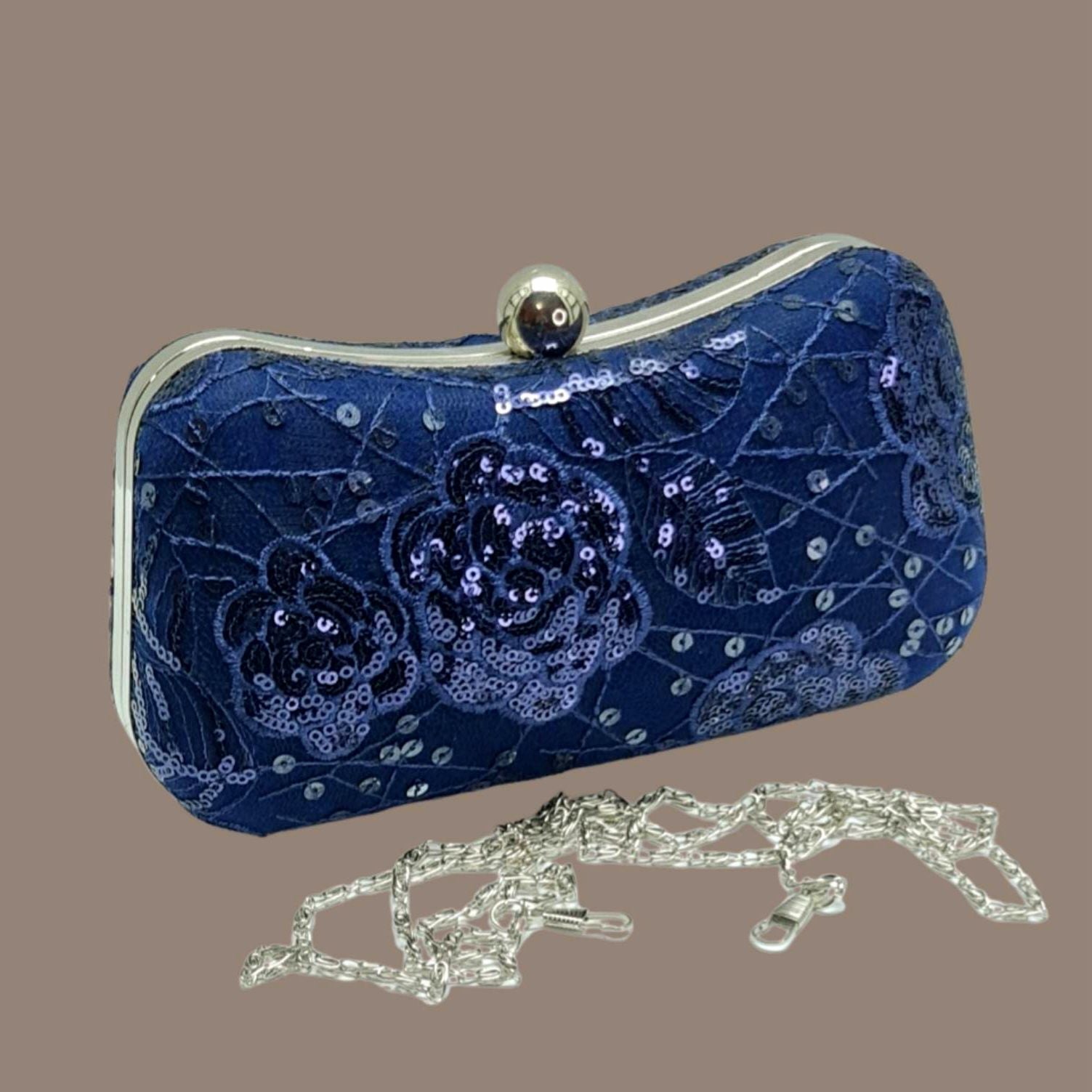 Kutu Model Lacivert  Renk Payetli Dantel Tasarım Çanta