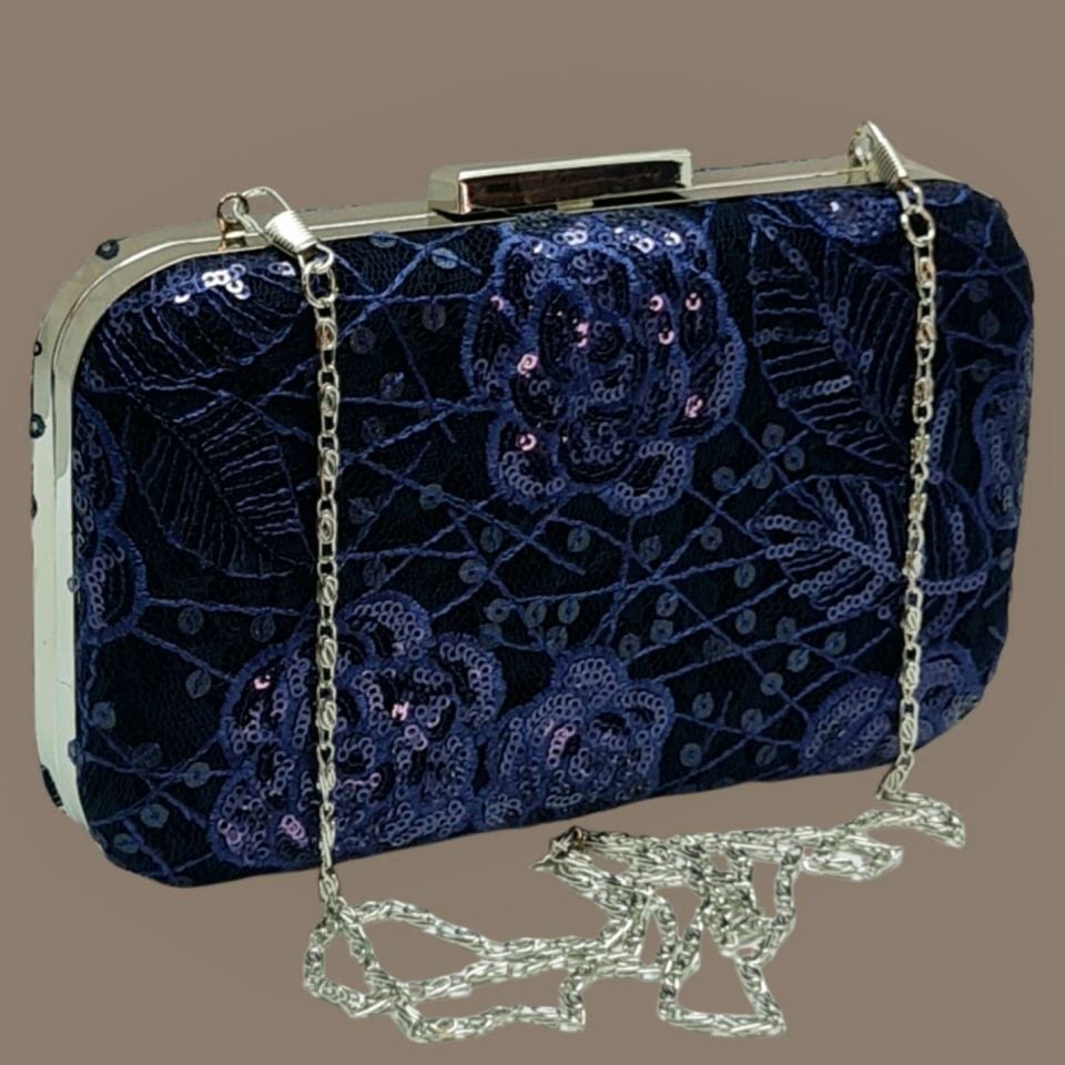 Kutu Model Lacivert Renk Payetli Dantel Tasarım  Çanta