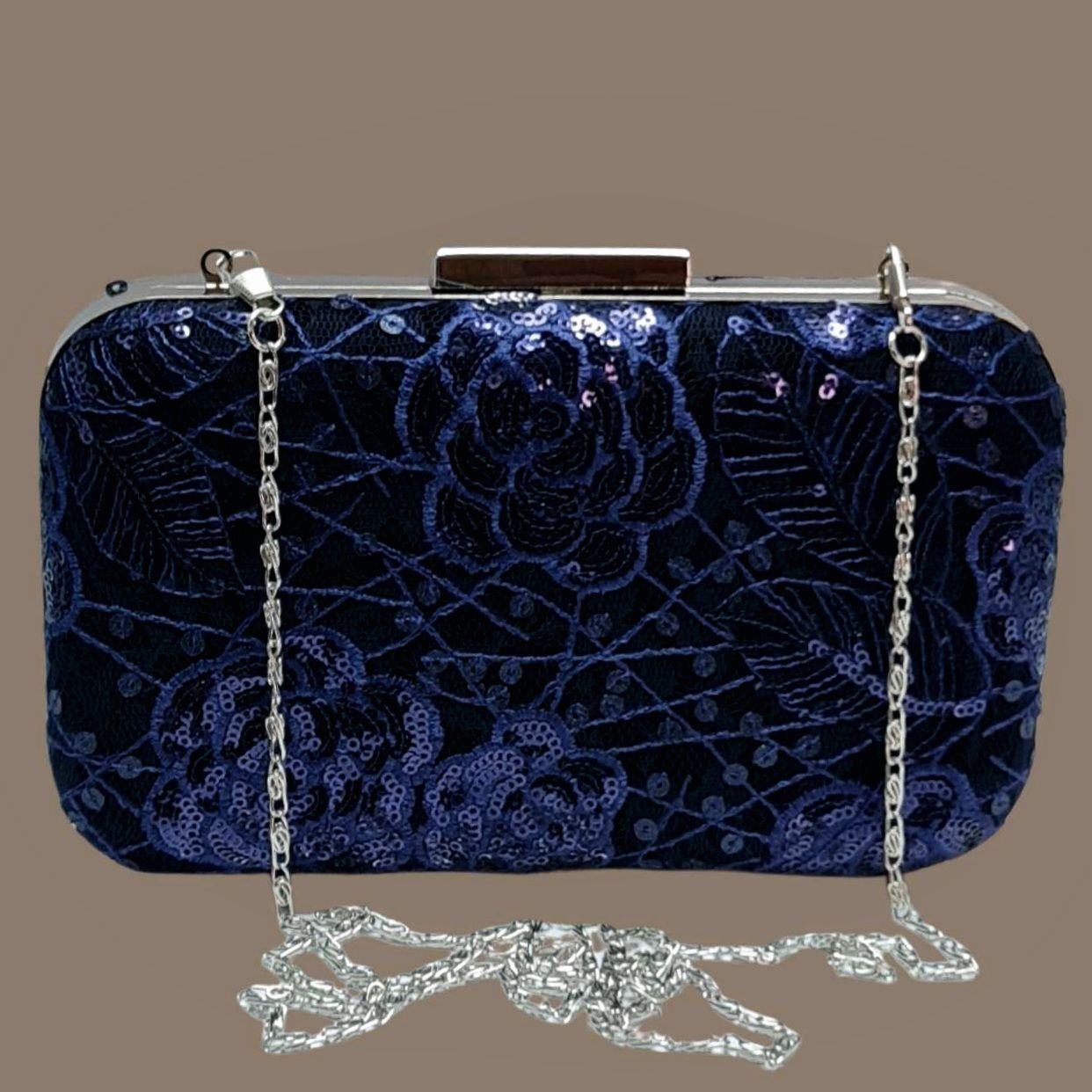 Kutu Model Lacivert Renk Payetli Dantel Tasarım  Çanta