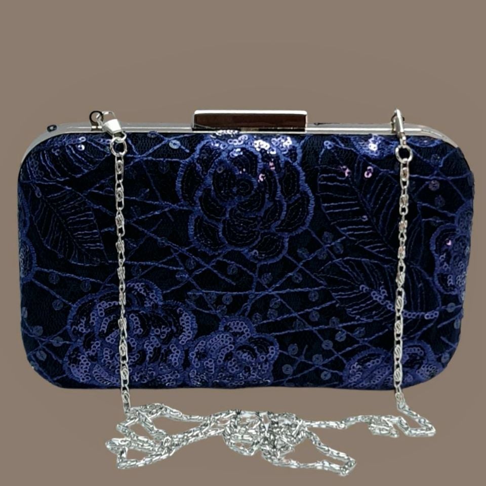 Kutu Model Lacivert Renk Payetli Dantel Tasarım  Çanta