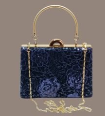 Kutu Model Lacivert Renk Payetli Dantel Tasarım  Çanta