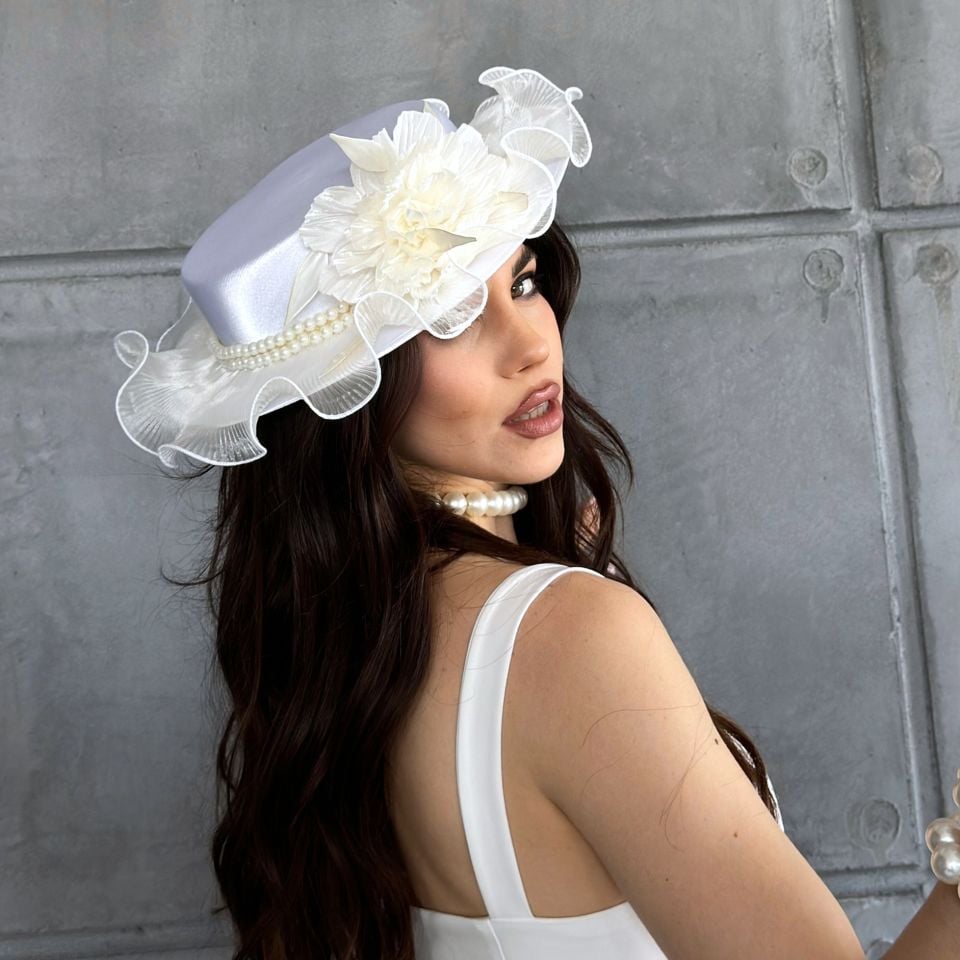 Agnes İnci  Beyaz, Beyaz  Renk Şapka 35 cm