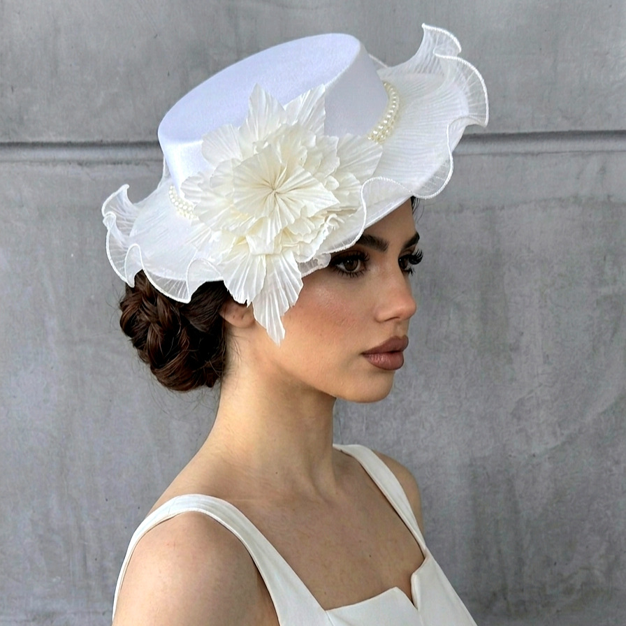 Agnes İnci Beyaz - Beyaz Renk Şapka 35 cm Özel Şapka Kutulu