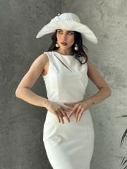 Jenny Beyaz Renk Saten  Elegan Şapka 45 cm