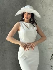 Jenny Beyaz Renk Saten Elegan Şapka 45 cm Özel Şapka Kutulu