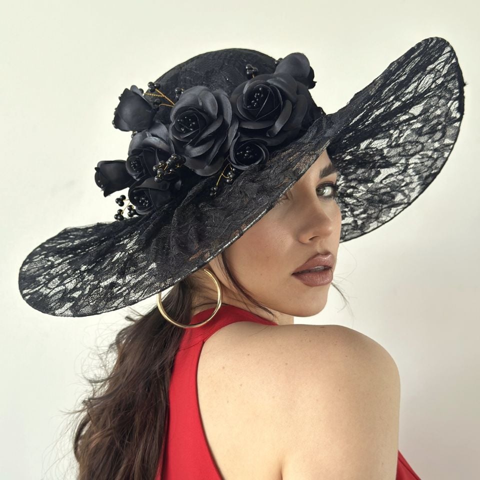 Jenny Siyah Renk Dantel Elegan Şapka 45 cm