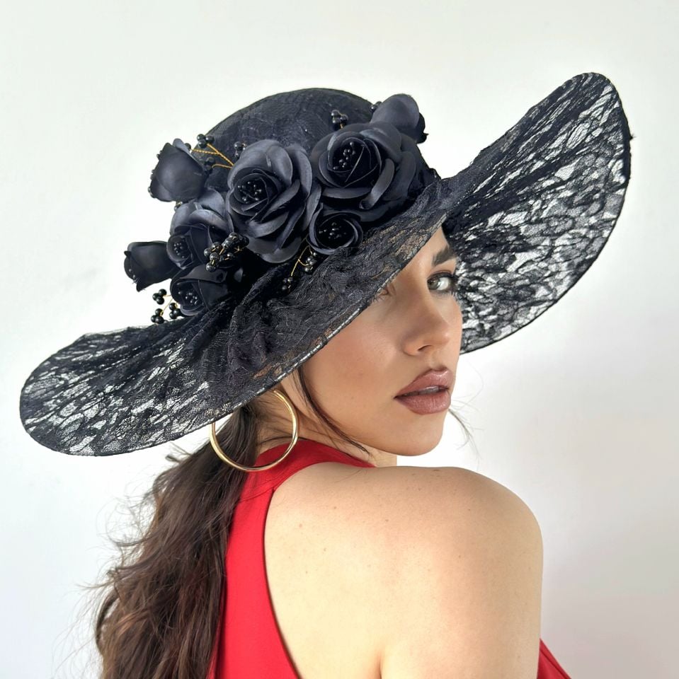 Jenny Siyah Renk Dantel Elegan Şapka 45 cm