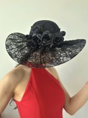 Jenny Siyah Renk Dantel Elegan Şapka 45 cm Özel Şapka Kutulu