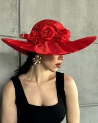 Jenny Kırmızı Renk Saten Elegan Şapka 45 cm Özel Şapka Kutulu