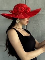 Jenny Kırmızı Renk Saten  Elegan Şapka 45 cm