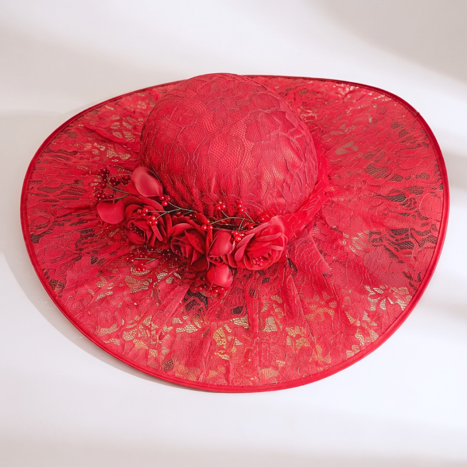 Jenny Kırmızı Renk Dantel Elegan Şapka 45 cm