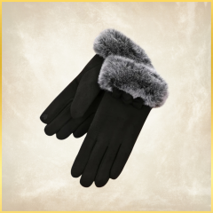 Siyah Renk Kaşmir Dokulu  Peluş Aksesuarlı Kış  Eldiven
