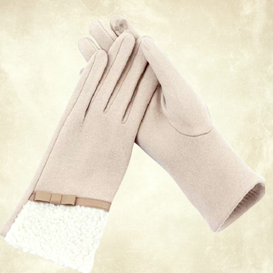 Kontes Bej Renk Süet Dokulu Tedy Aksesuarlı Kış Eldiven