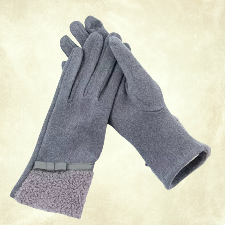 Kontes Gri Renk Süet Dokulu Tedy  Aksesuarlı  Kış Eldiven