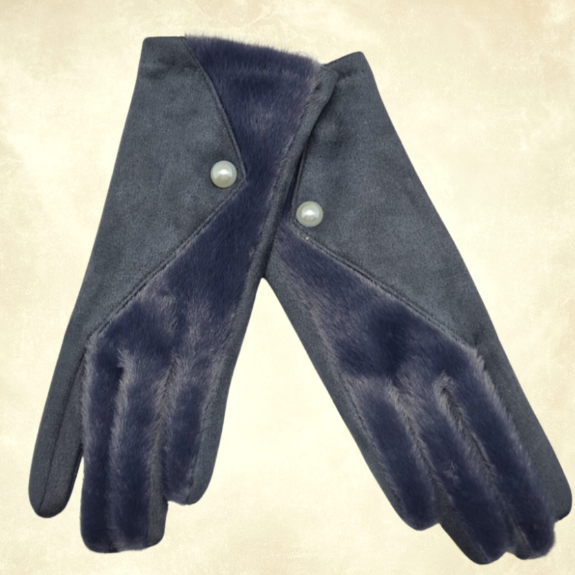 Kontes Gri Süet Dokulu İnci Aksesuarlı Kış Eldiven