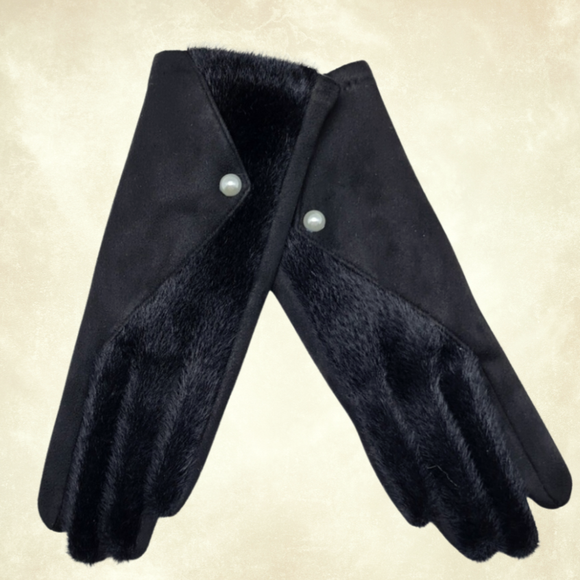 Kontes Siyah Süet Dokulu İnci Aksesuarlı Kış Eldiven