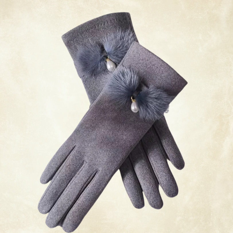 Kontes Gri Süet Dokulu Kürk Aksesuarlı Kış Eldiven