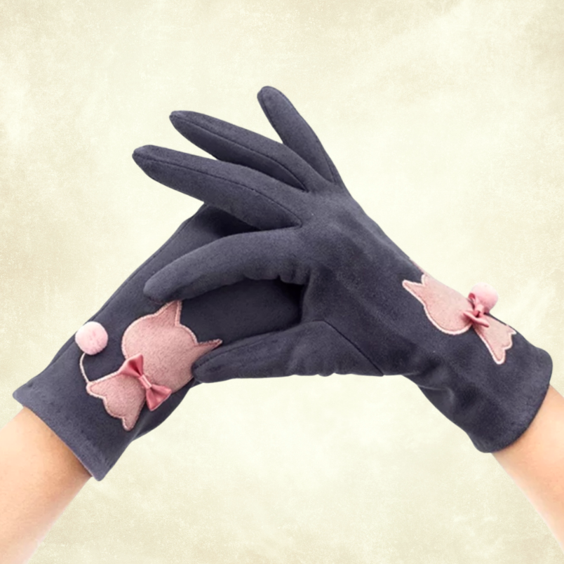 Kontes Gri Renk Süet Dokulu Kedi Aksesuarlı Kış  Eldiven