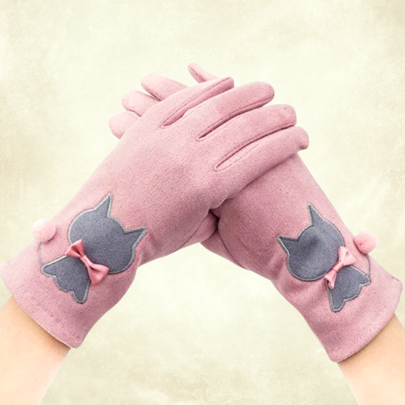 Kontes Pembe Renk Süet Dokulu Kedili Kış  Eldiven