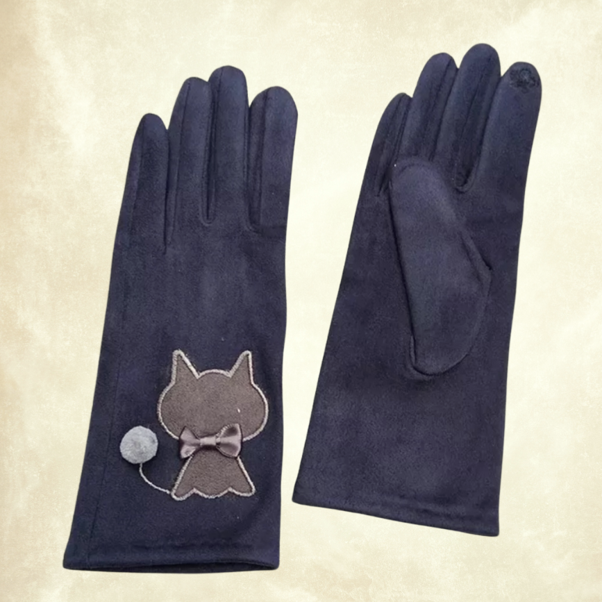 Kontes Lacivert Renk Süet Dokulu Kedili  Kış Eldiven