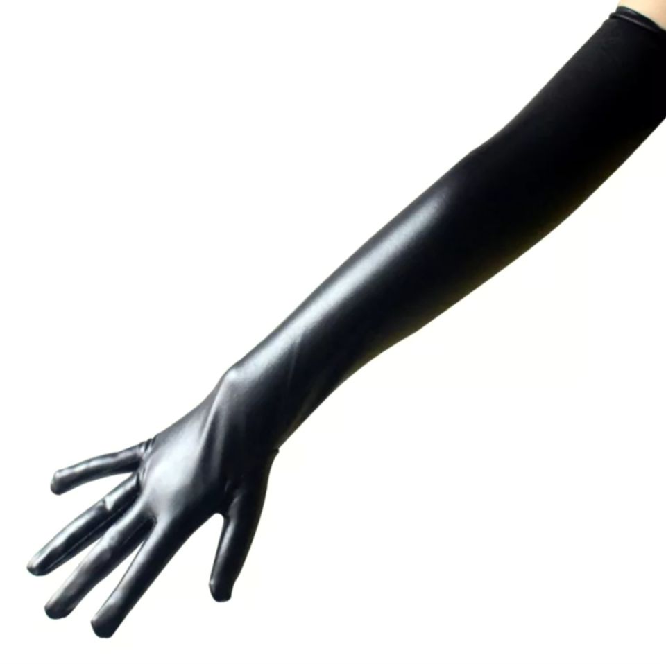 Gotik Siyah Suni Deri Uzun Eldiven 55 cm