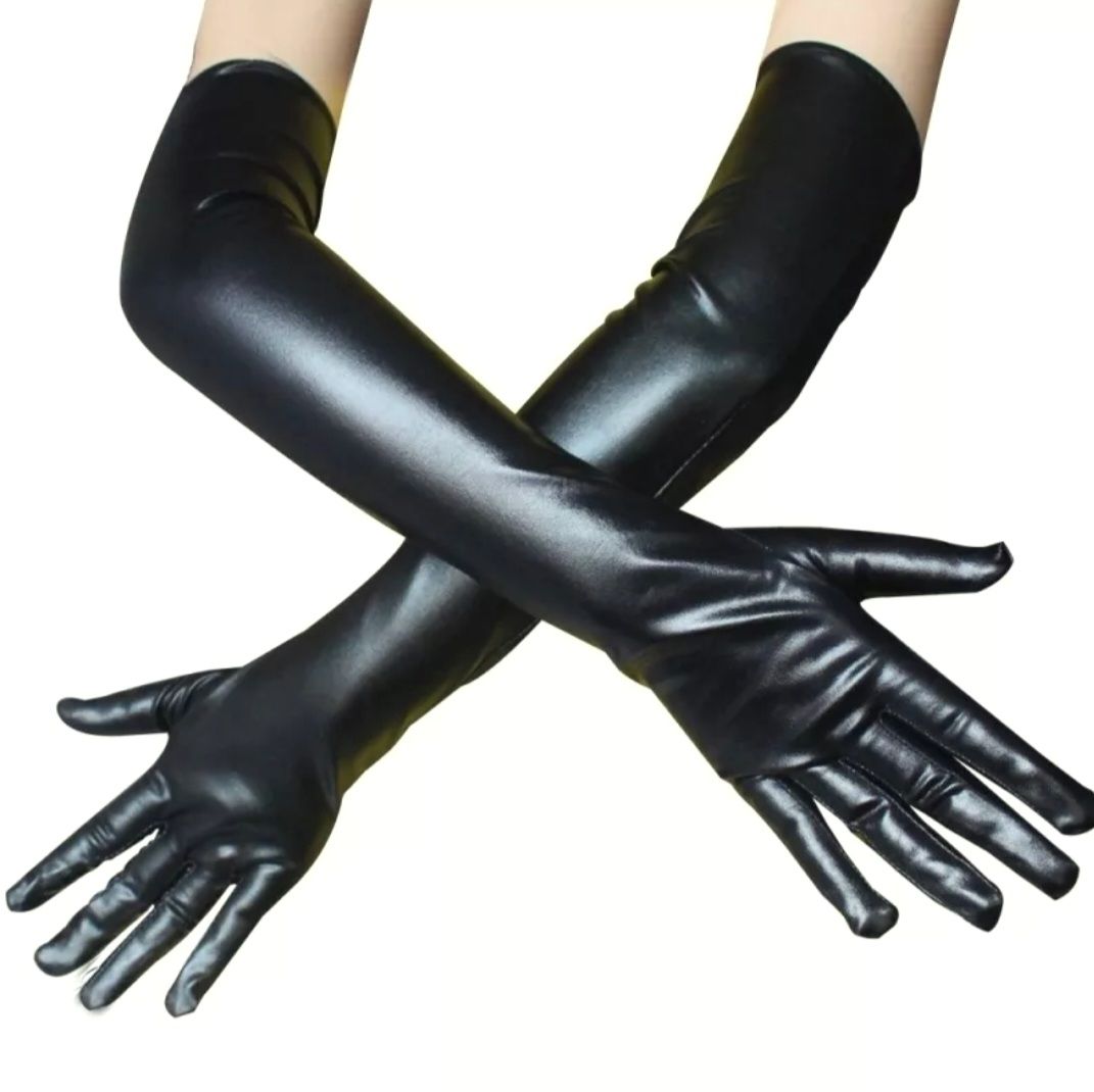 Gotik Siyah Renk Suni Deri Uzun Eldiven 55 cm