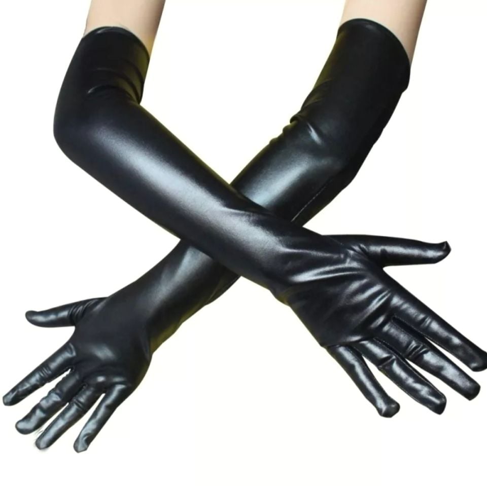 Gotik Siyah Renk Suni Deri Uzun Eldiven 55 cm