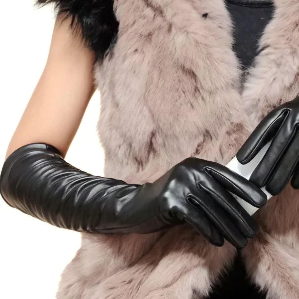 Gotik Siyah Renk Suni Deri Uzun Eldiven 55 cm