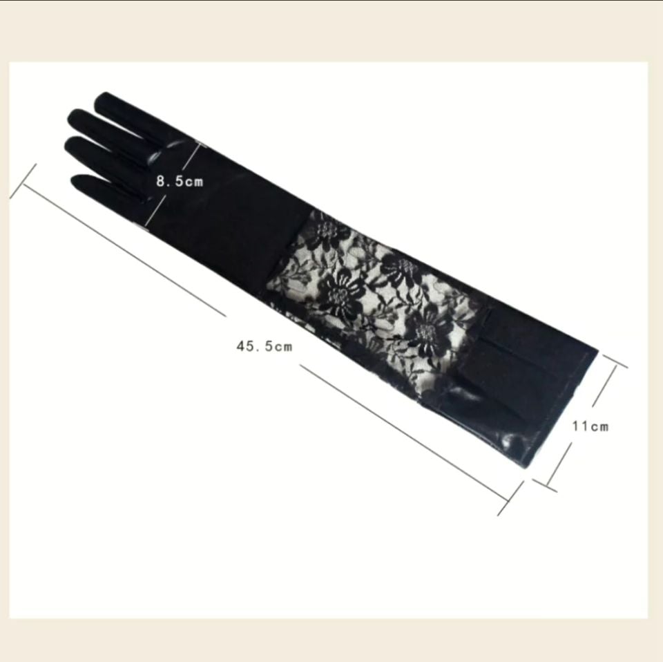 Gotik Siyah Renk  Suni Deri Dantelli Uzun Eldiven 45 cm